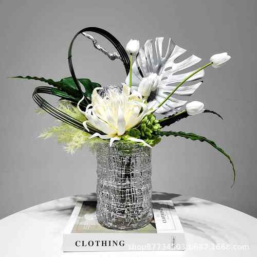 现代水晶玻璃插花白绿花艺摆件展厅样板间餐桌仿真花饰品桌面摆放