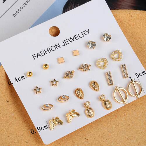 Earring Set 12 Piece Set凤梨水滴耳针镶钻耳钉套装12件套