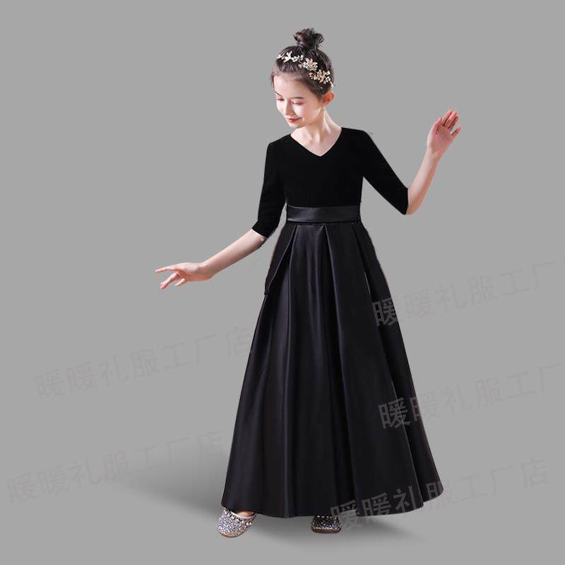 正品学生色长袖女大童晚服钢琴小提琴合唱演出乐服春礼夏团弹黑力