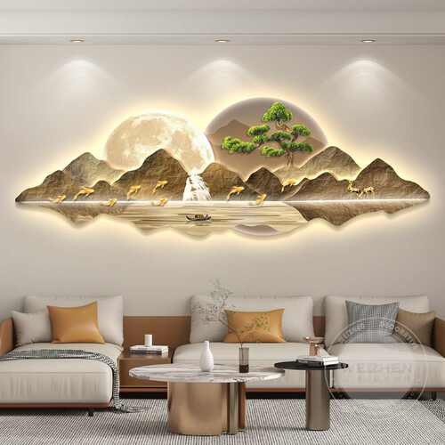 现代墙装饰画挂画带客厅感led壁画横幅迎客松沙发灯高级背景简约