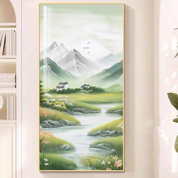新中式轻奢挂画竖版玄关装饰画风景壁画走廊过道墙挂画