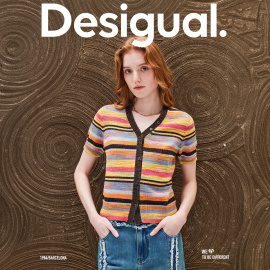 Desigual24春夏弹力修身V领彩色段染纱短袖女式开衫针织衫