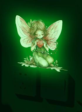 夜光可爱花仙子女孩绿色PVC贴纸AFG跨境自粘儿童房装饰墙贴厂家