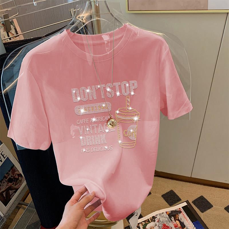 专柜粉色重工烫钻纯棉正肩短袖T恤女夏2025新款宽松大尺码半袖上