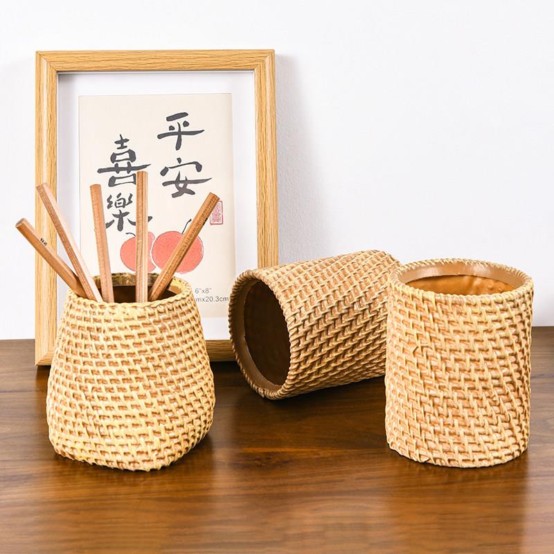 彷感藤编笔筒化妆刷多收纳筒插花桶功能收纳篮茶道简约高级藤编筒