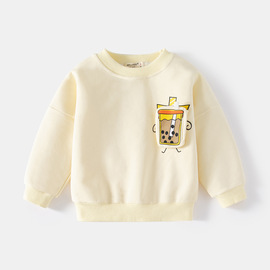 奶茶图案杏色儿童卫衣 立体饮料杯春季儿童卫衣 长袖圆领套头衫