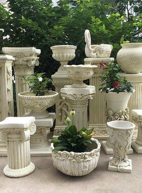 欧式罗马柱摆件边几落地装饰彷石膏覆古花架花园花盆底座婚庆路引