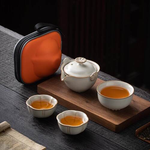米黄汝窑便携式旅行茶具小套装手抓泡茶壶茶杯简易户外露营快客杯