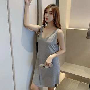 睡裙女夏季 宽松睡衣女夏 性感简约u领莫代尔无袖 露背连衣裙中长款