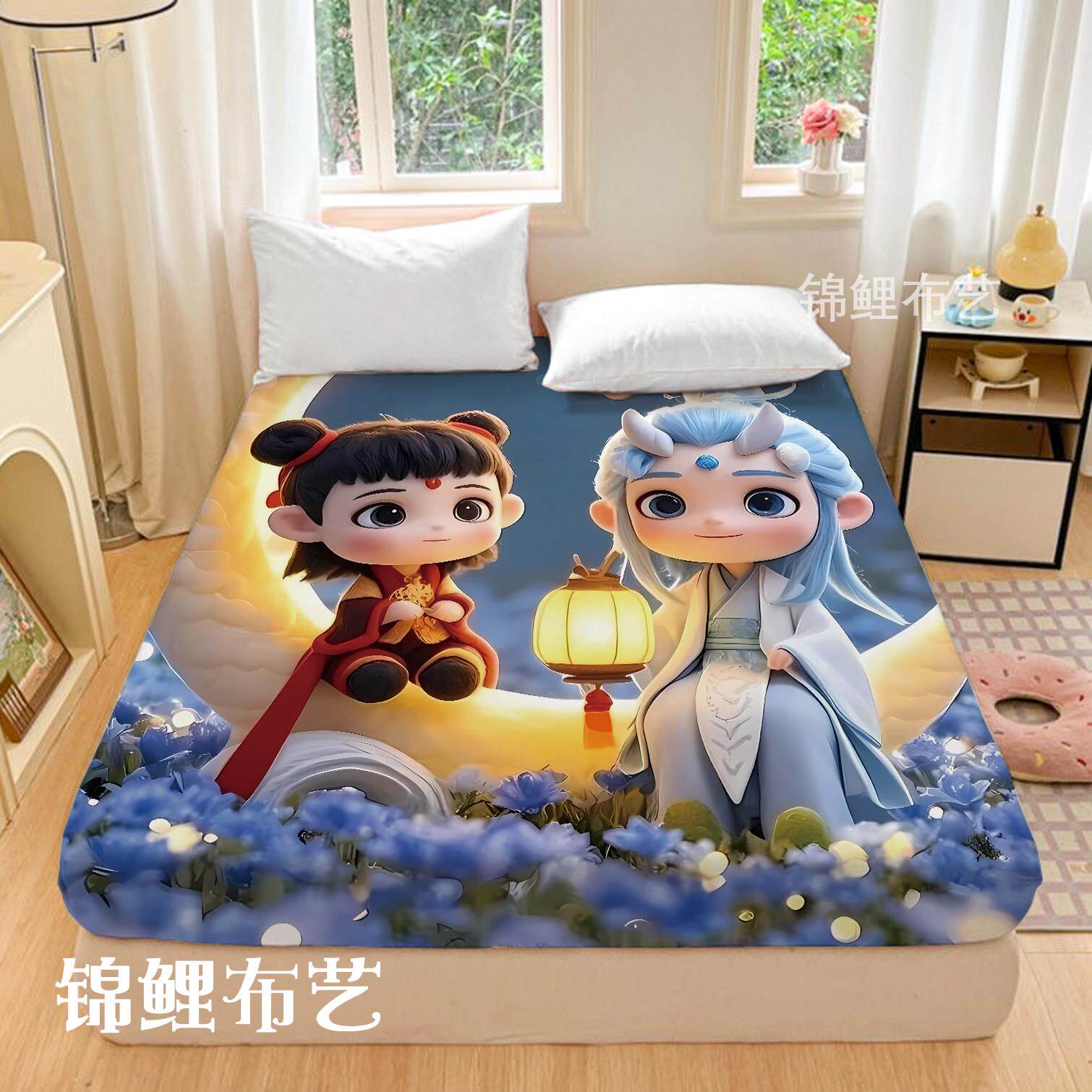 哪咤敖丙爆款动漫卡通印花床笠学生宿舍单人席梦思床垫床包床罩