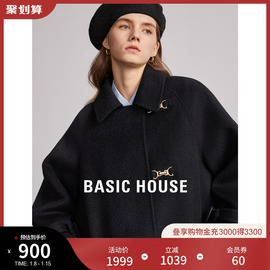 Basic House/百家好2023秋季黑色气质赫本风中长款毛呢外套女