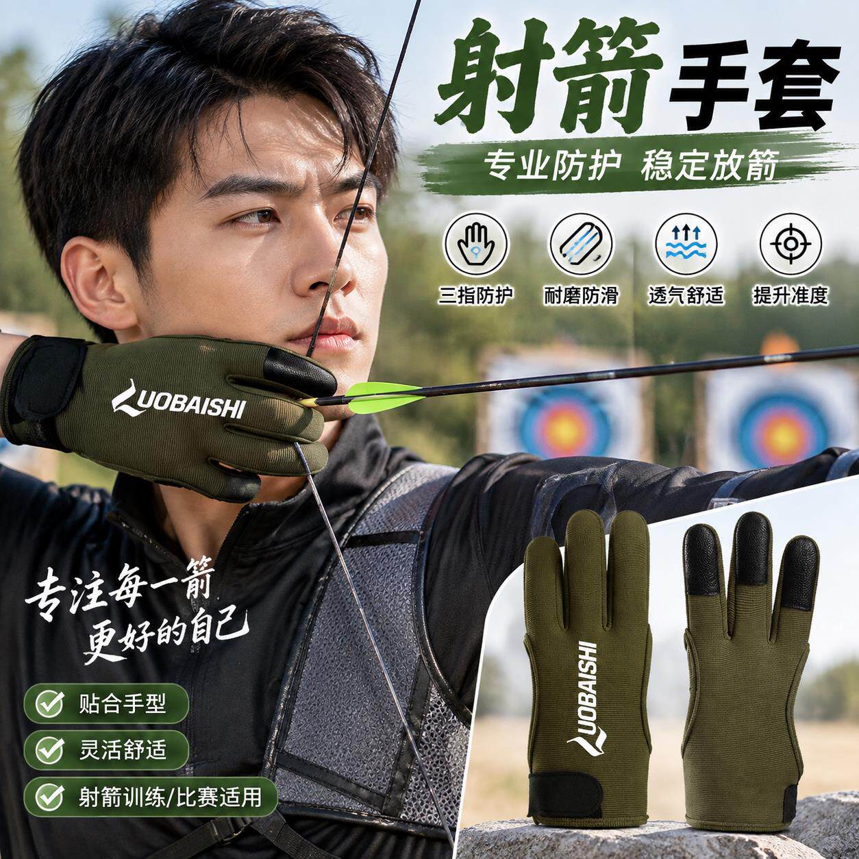 弓箭射箭美猎护指三指手套传统竞技反曲户外箭馆射击护手皮质护具