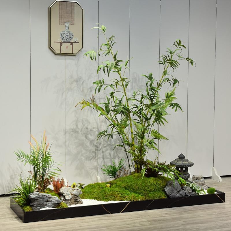 新中式室内造景茶室玄关形象墙装饰布置仿真绿植罗汉竹迎客松景观
