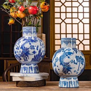 青花“鱼藻纹”系列新中式花瓶瓷高足青花瓷瓶玄关花瓶摆件好寓意