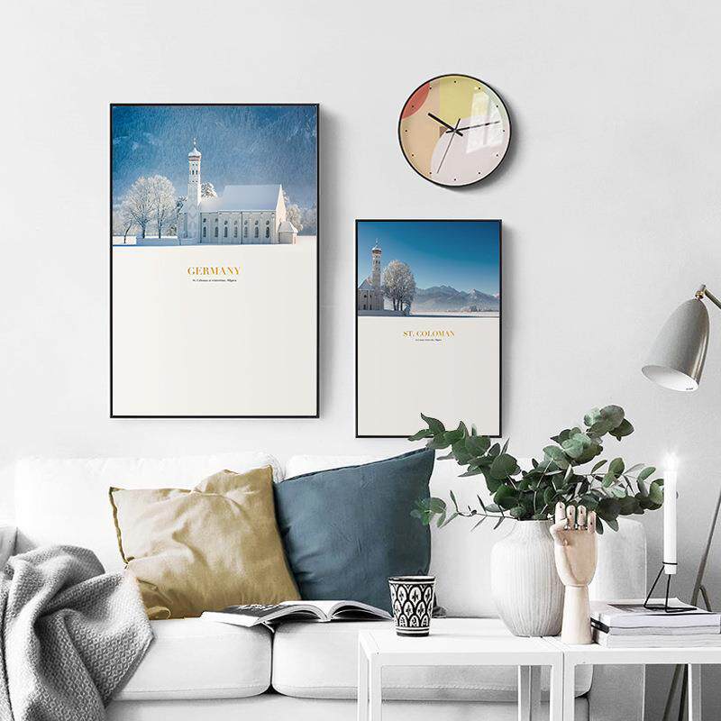 山圣现代有简约风仕景壁画客厅装饰画建S-1349筑水客厅挂画框三联
