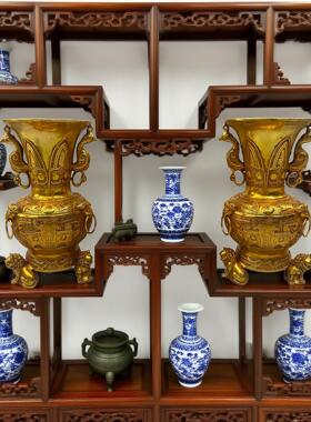 复古纯铜鎏金双凤耳三狮献宝花瓶摆件一对 黄铜工艺品文创老物件