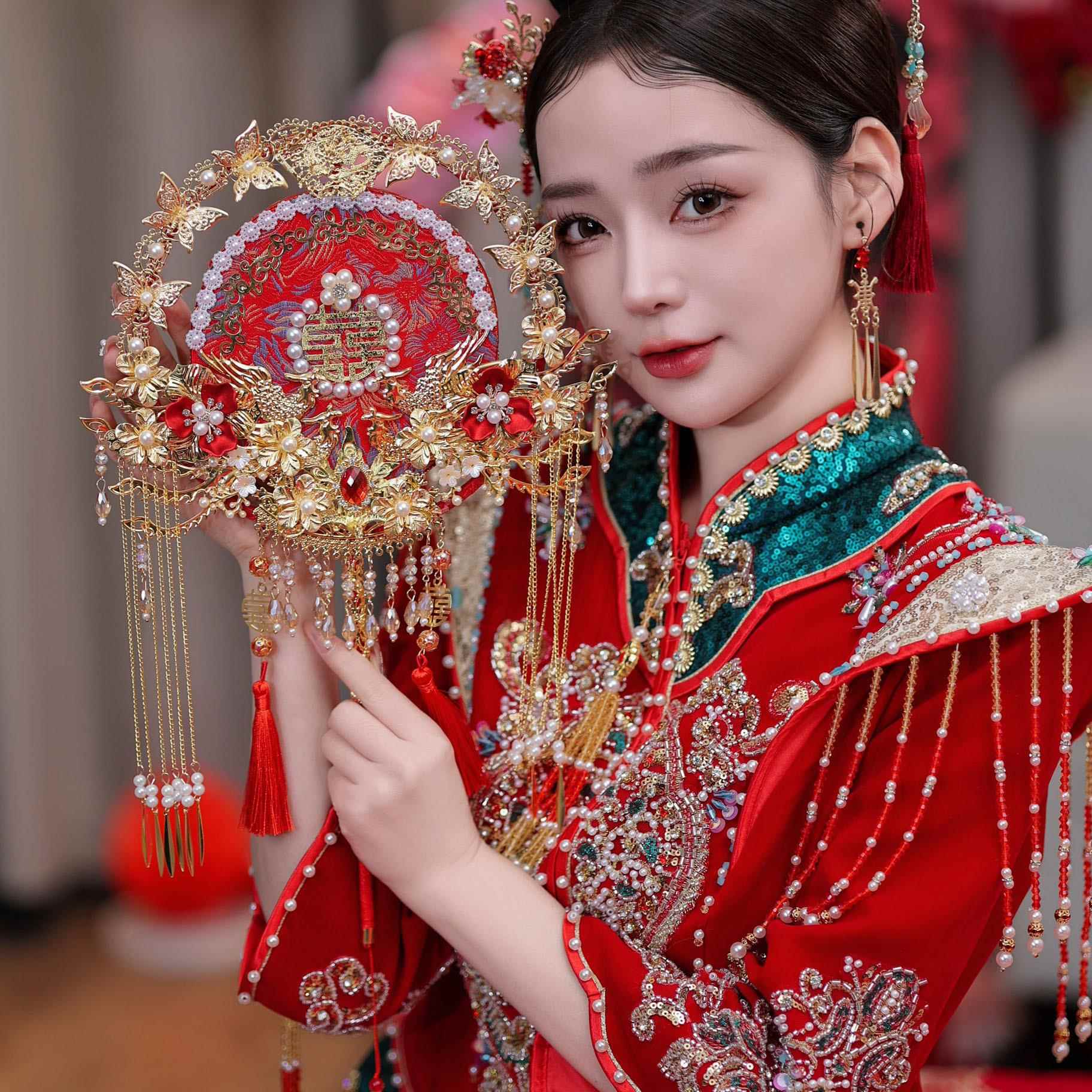 红色蕾丝新娘结婚秀禾服新中式双面成品遮面双色金红喜扇团扇9156