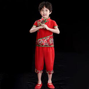 正品六一灯新款儿童秧子歌女舞蹈演出服男红色喜庆笼打鼓服开 门