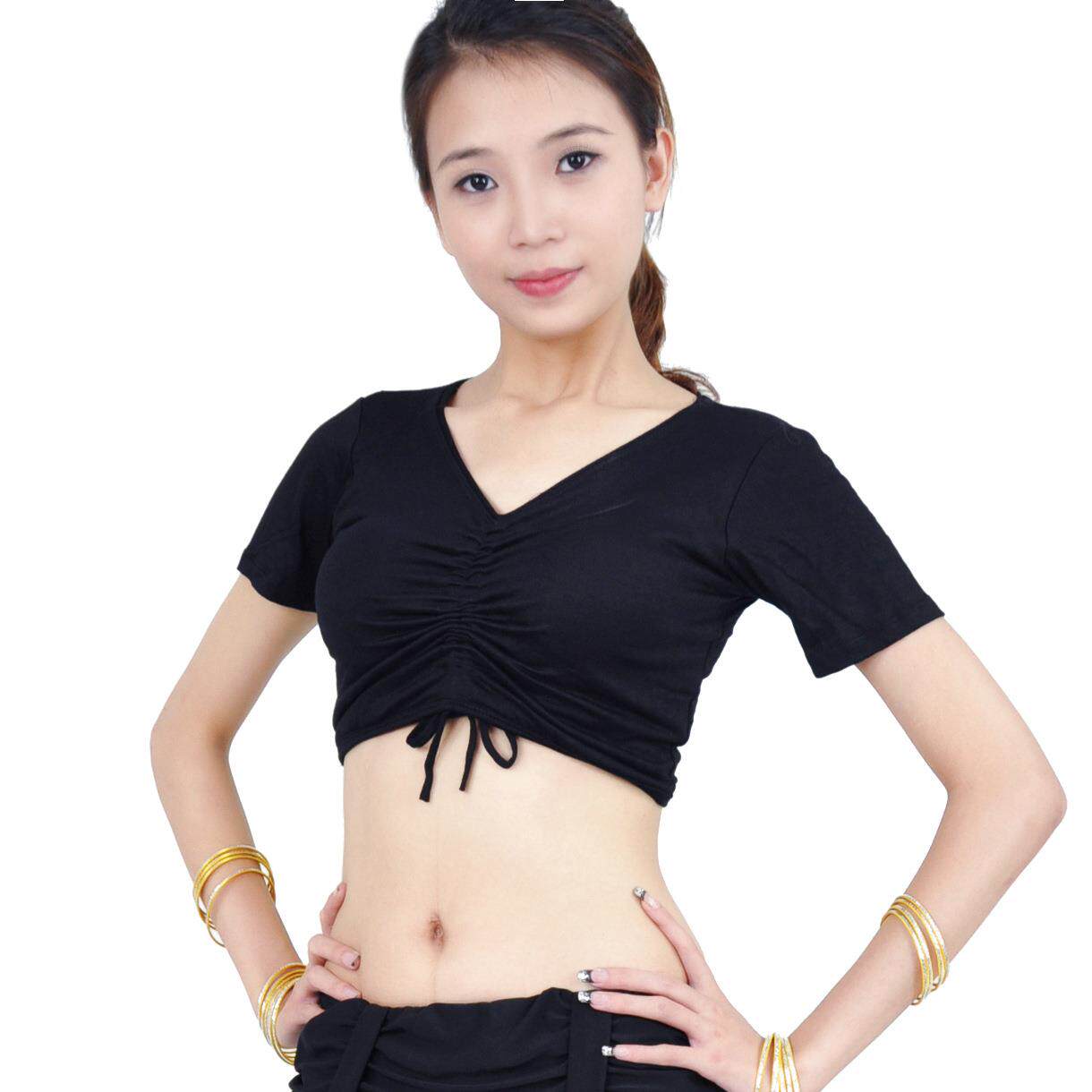 抽皱V领短袖肚皮舞练习服上衣短袖纯棉练功服文胸练习服装
