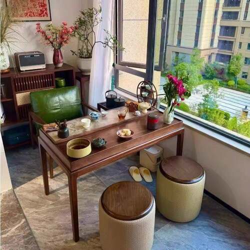 新中式乌金木茶桌椅组合家用办公室阳台小户型实木茶台茶几泡茶桌