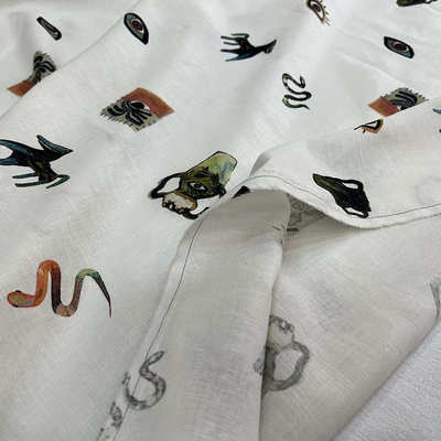 23春夏时尚亚麻棉混纺印花面料 女装服装动物物品图案高定布面料