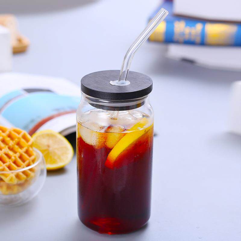 玻璃杯吸管杯竹盖吸管杯果汁杯