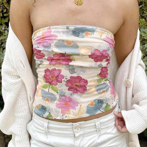 Women's French Style Floral Print Halter Top Soft One