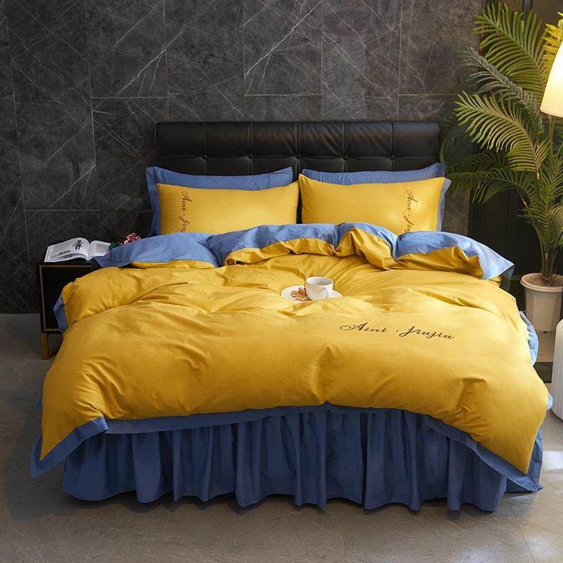 正品新品纯棉四件套全棉简裙床罩约良品床单防床套公主风滑纯床色