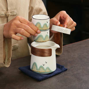 户外泡茶壶 千里江山陶瓷快客杯一壶二杯商务旅行茶具便携包套装