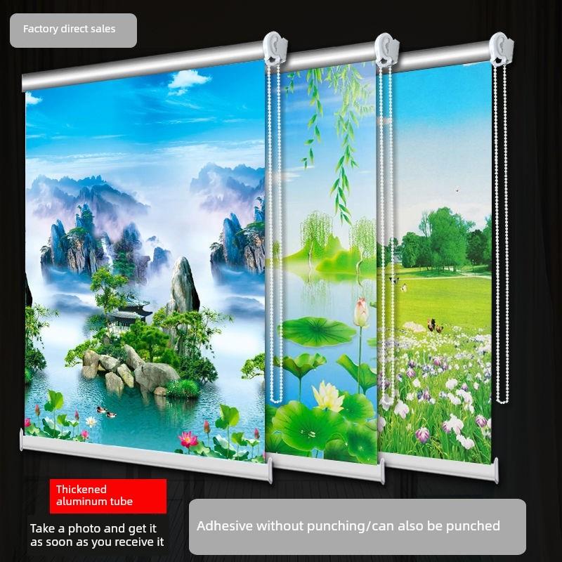 2025客厅百叶窗帘水墨山水画办公室年新款窗帘免打孔安装卧室遮光图片