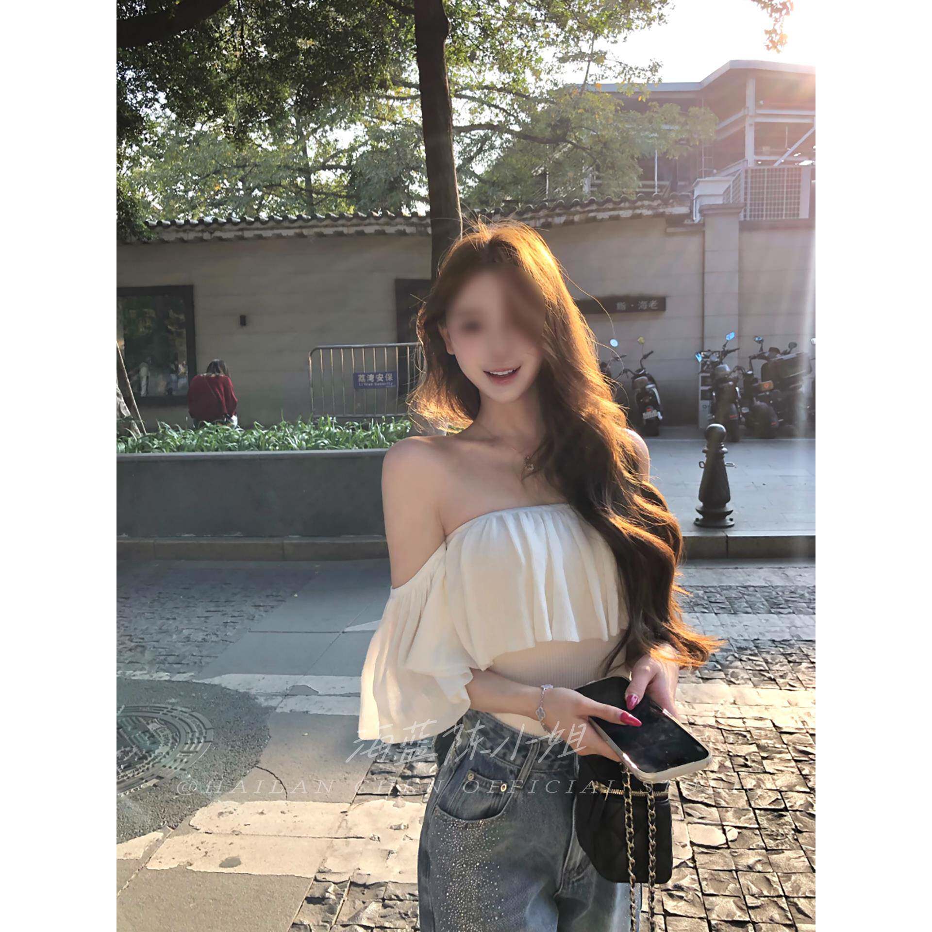 法式名媛风设计感一字肩上衣荷叶边露肩针织短袖女设计感抹胸T恤