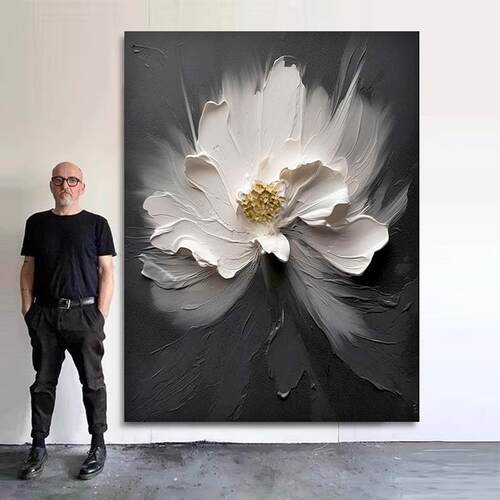 F大芬油画村纯客厅装饰画 画抽象黑白花卉玄关沙发背景墙大幅肌