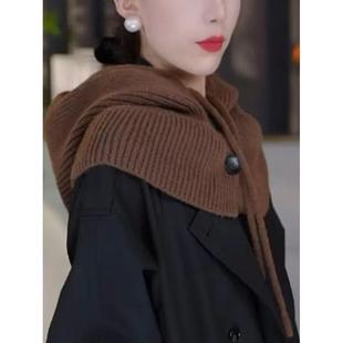 新款针织克拉男女帽法帽带纽扣秋冬围脖韩版一体保暖护耳包头帽子