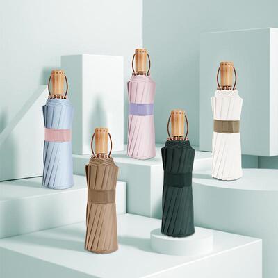 轻便骨素色折叠伞小清新彩胶三折遮阳伞复古木柄手动礼品伞制订