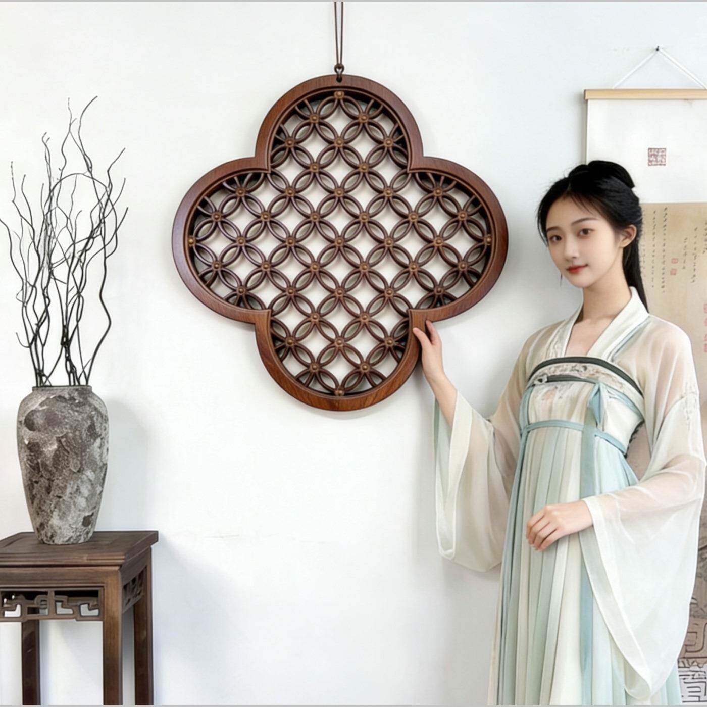 东阳木雕挂件宋式美学实木花窗中式复古侘寂风装饰海棠花镂空定制
