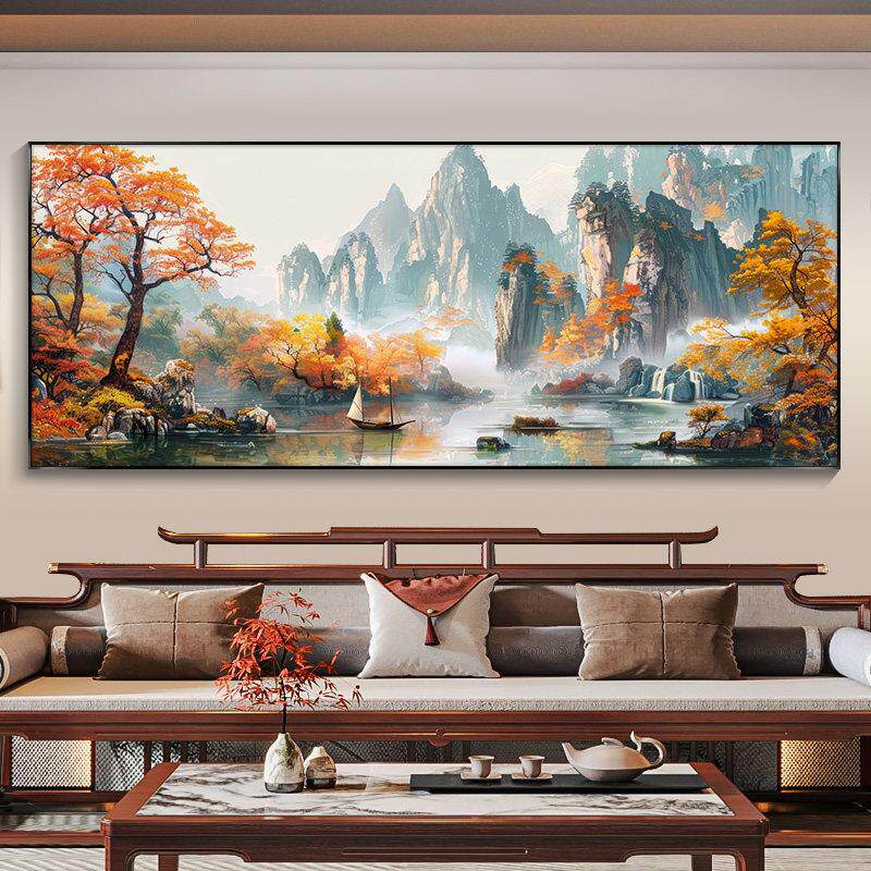 客厅装饰画新中式山水画客厅风景挂画公室靠山图横幅迎客松壁画
