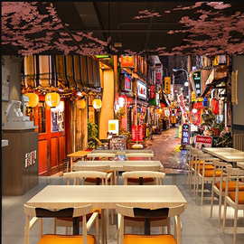 日本城市街景夜景壁纸寿司店壁画日料餐厅墙布居酒屋日式背景墙纸