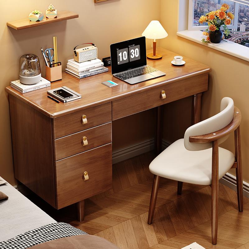 实木电脑桌卧室书桌储物边柜一体写字台书房带抽屉办公桌新中式