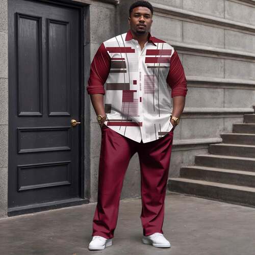 Casual Long-Sleeve Plus-Size Mens Two-Piece Suit Set, Wear