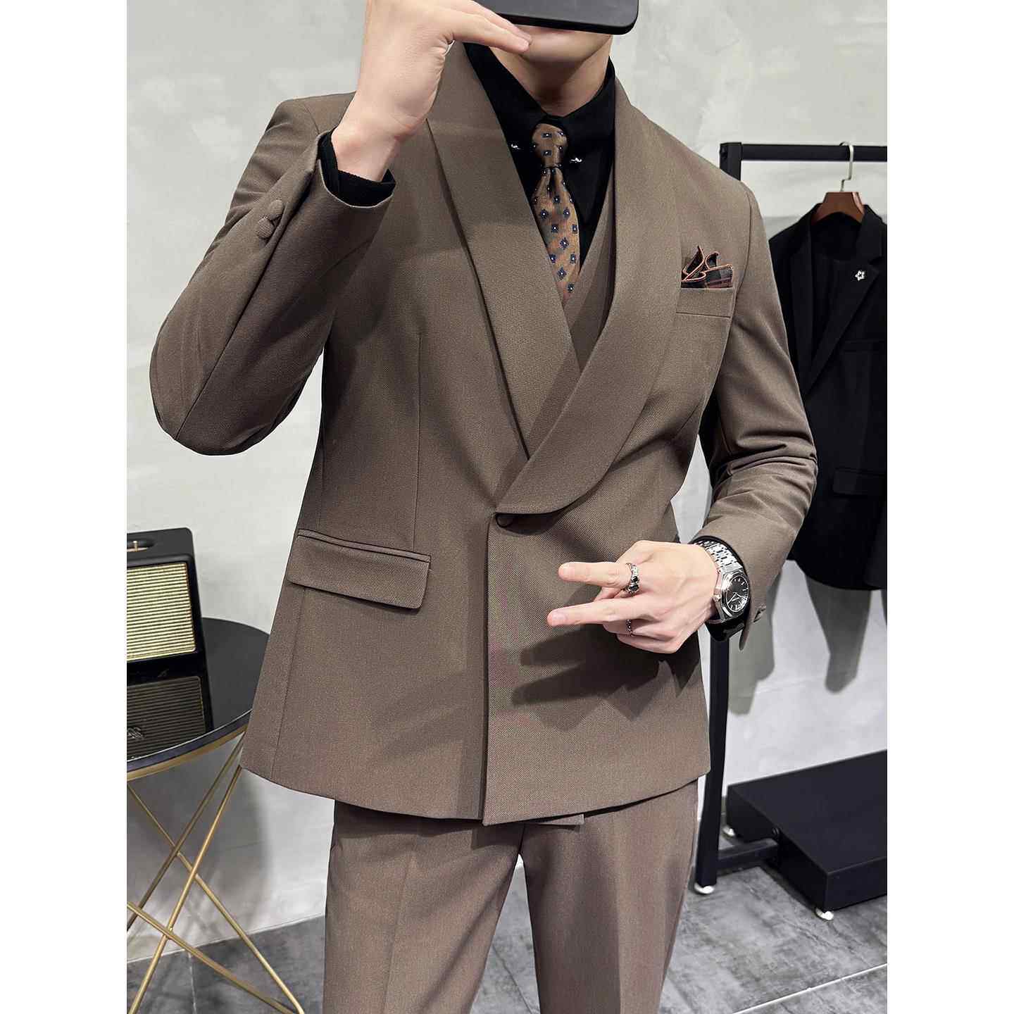 秋冬季新款新中式果领男士西服套装新郎结婚礼服修身商务韩1212n