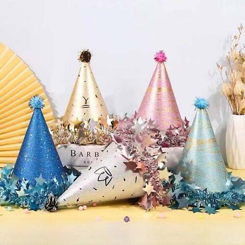 新派对生日帽装饰成人和儿童宝宝一岁网红皮球尖帽彩虹绒帽AR