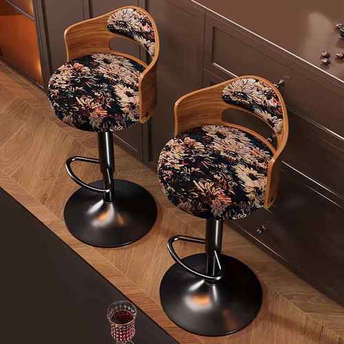 中古风木质靠背高脚椅家用吧台椅花卉印花布艺坐垫可升降酒吧椅