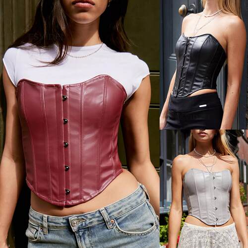 Steel buckle leather top short fish bone strapless top for