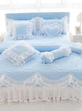 正品韩国风简的欧洲模式四格件套棉韩国床罩风纯格单粉红色蕾丝床