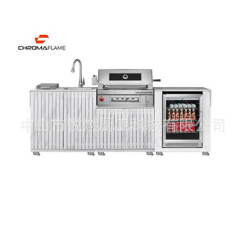 CB-2欧美高端304不锈钢户外庭院厨房模块：碳烤炉、储物柜及水槽