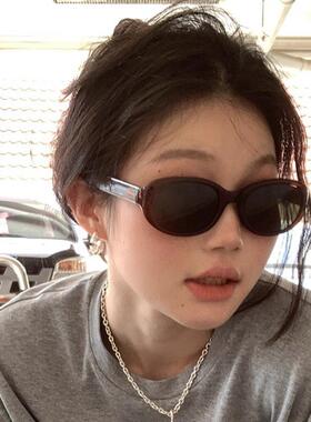 复古港风椭圆酒红圆框墨镜女潮个性街拍Y2K时髦防紫外线太阳眼镜