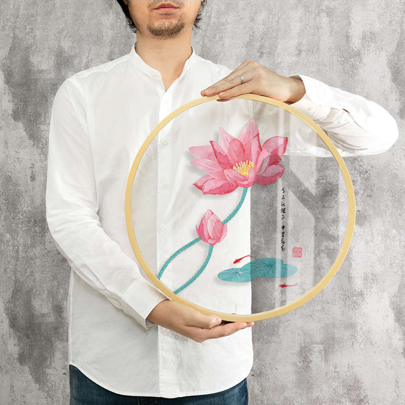 起贝圆形荷花挂画花卉透明画新中式客厅装饰画餐厅墙面壁画莲花图片