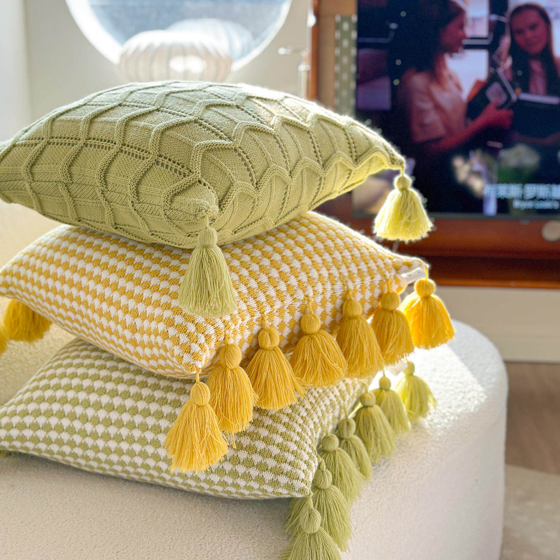 薄荷绿针织流苏小清新抱枕套ins风沙发客厅靠枕圆形腰靠可爱靠垫