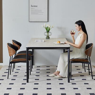 中古风形利丰洞石德岩板餐8011-洞桌长方小户型法式奶油风家饭用