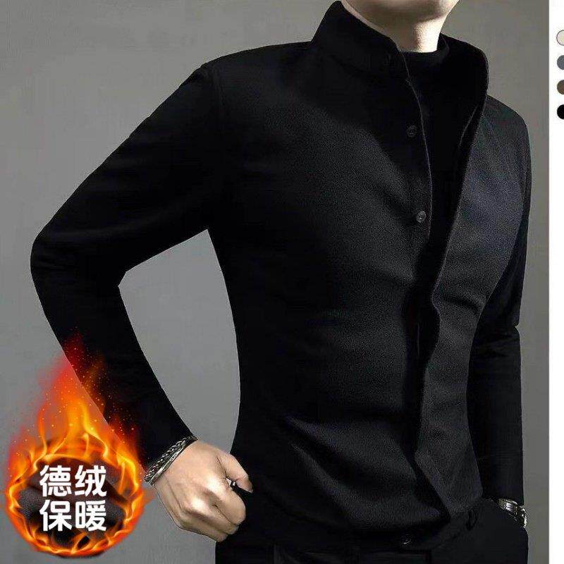高级感长袖衬衫男士秋冬季韩版潮牌加绒纯色内搭修身毛呢衬衣外套
